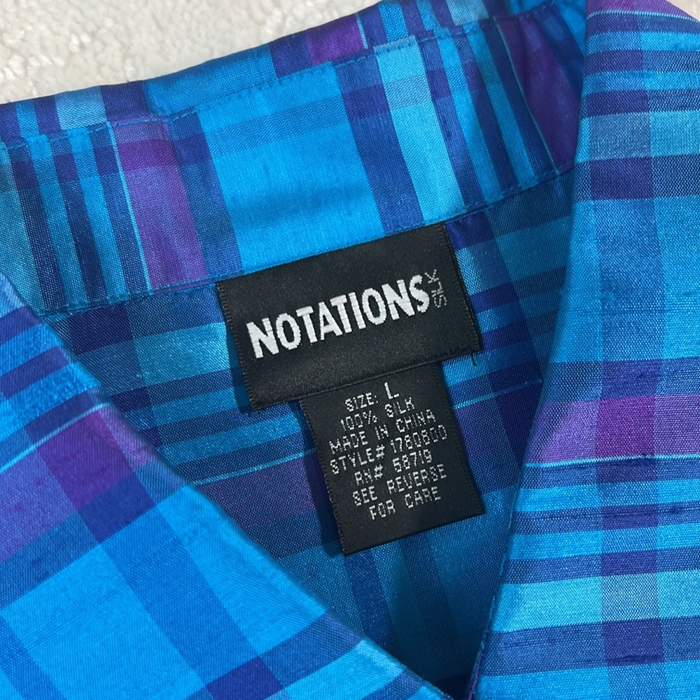 Notations silk blue purple plaid sleeveless collared button down blouse L - Picture 2 of 6